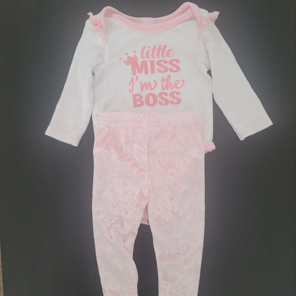 little beginnings, pink onesie and velvet pant set, 3-6 months